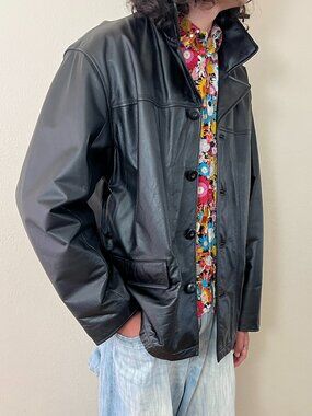 Vintage 90s M. Julian Wilsons Genuine Leather Black Button Up Men's Car Coat XL